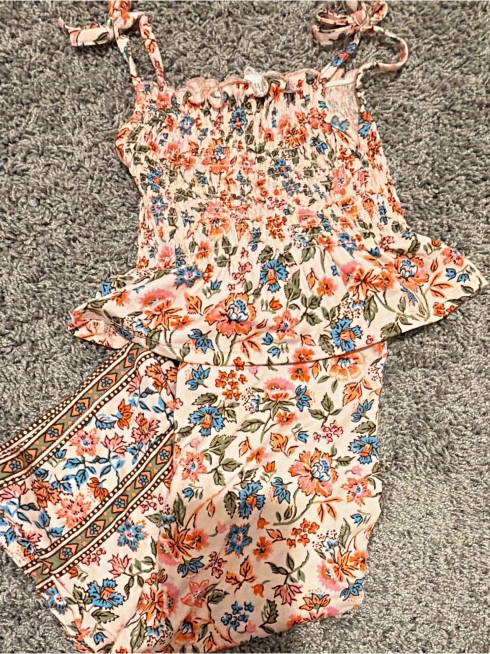 btween Cream Floral Smocked Jumpsuit with Blue & Orange Accents